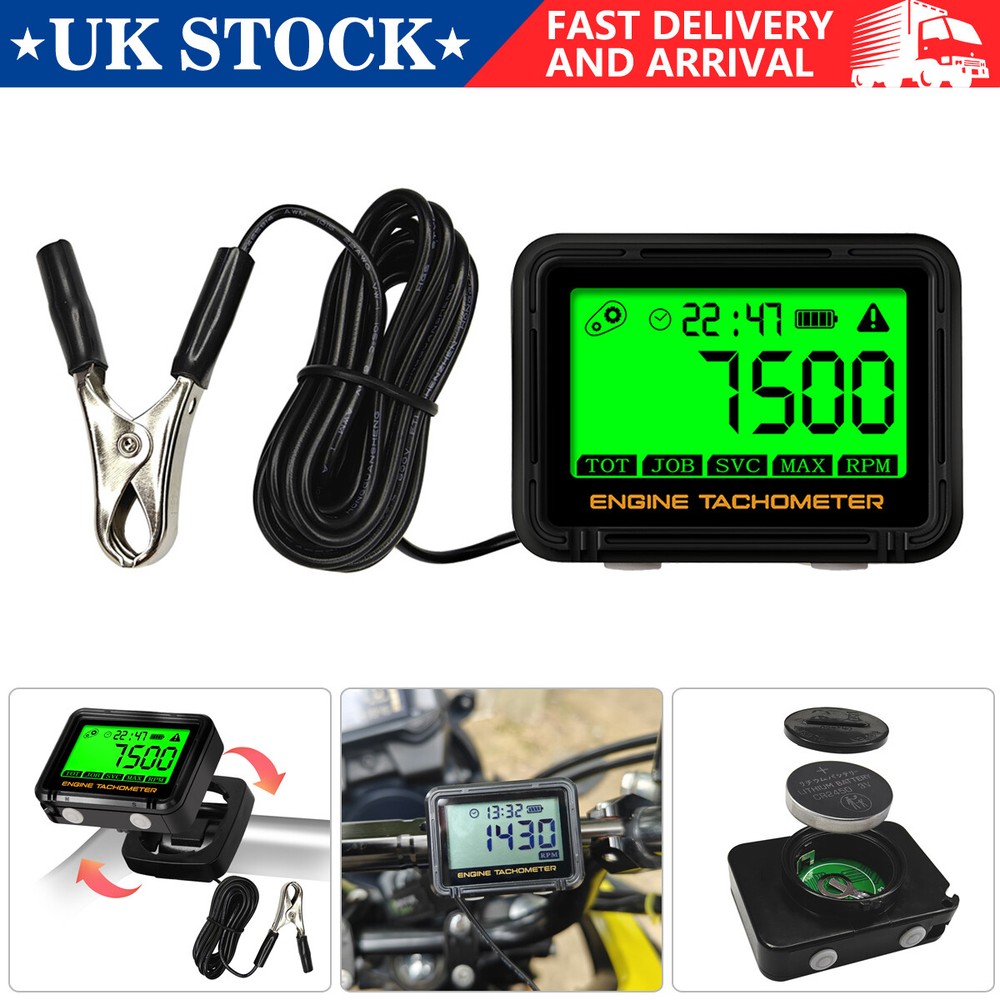 LCD Digital Engine Hour Meter Inductive Tachometer Gauge For Motorcycle Car Boat