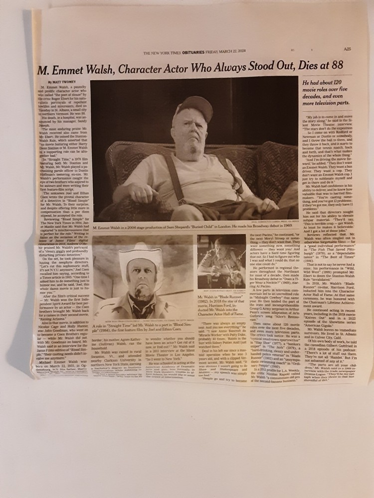 M, Emmet Walsh New York Times Obituary - Actor - Blade Runner