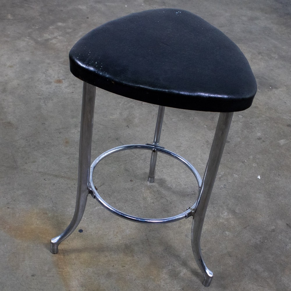 Art Deco Streamline Moderne Low Stool Solid Chrome Legs & Black Vinyl Seat