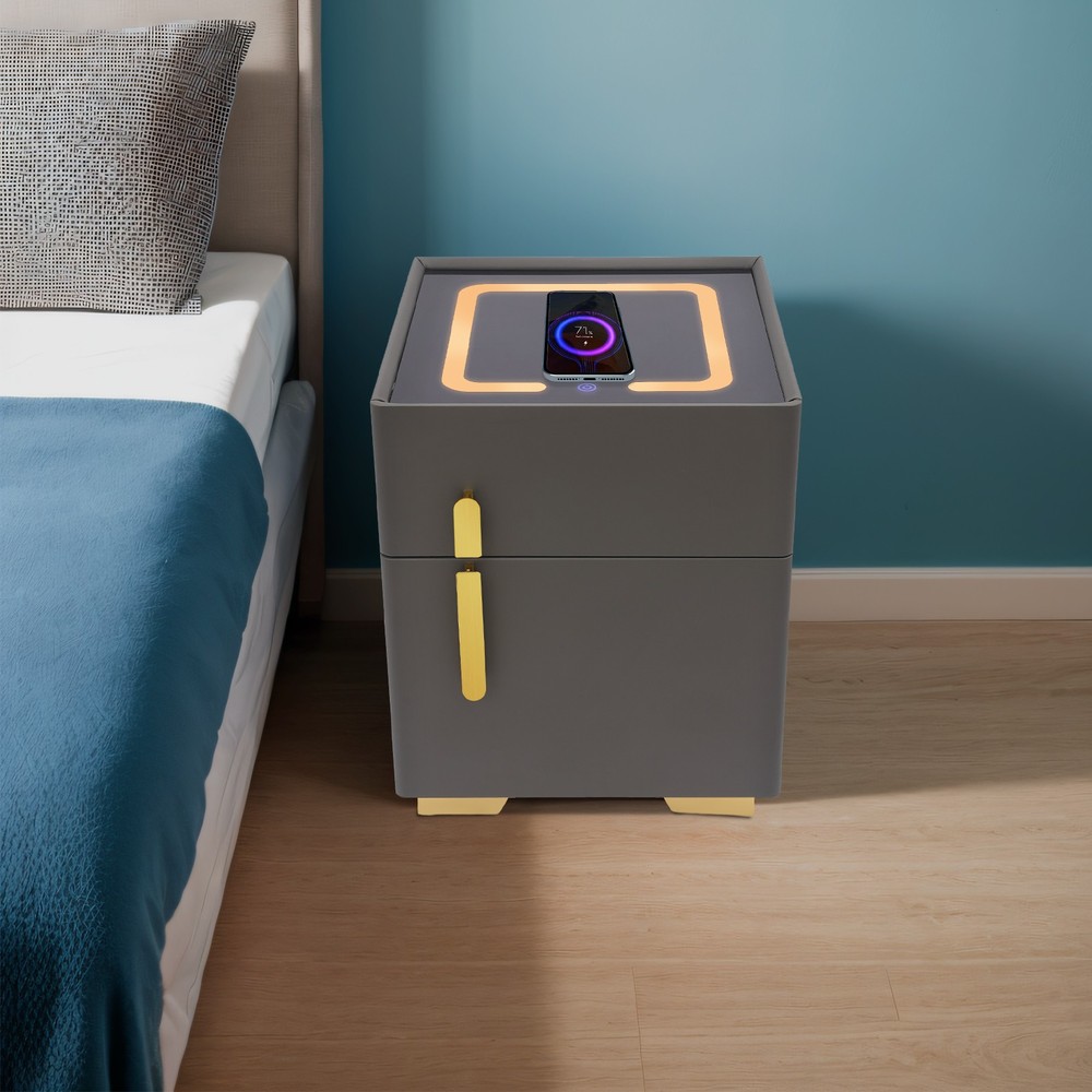 Smart Nightstand w/Security Safe Lock Box, 3-Color Light,Wireless Charging USB