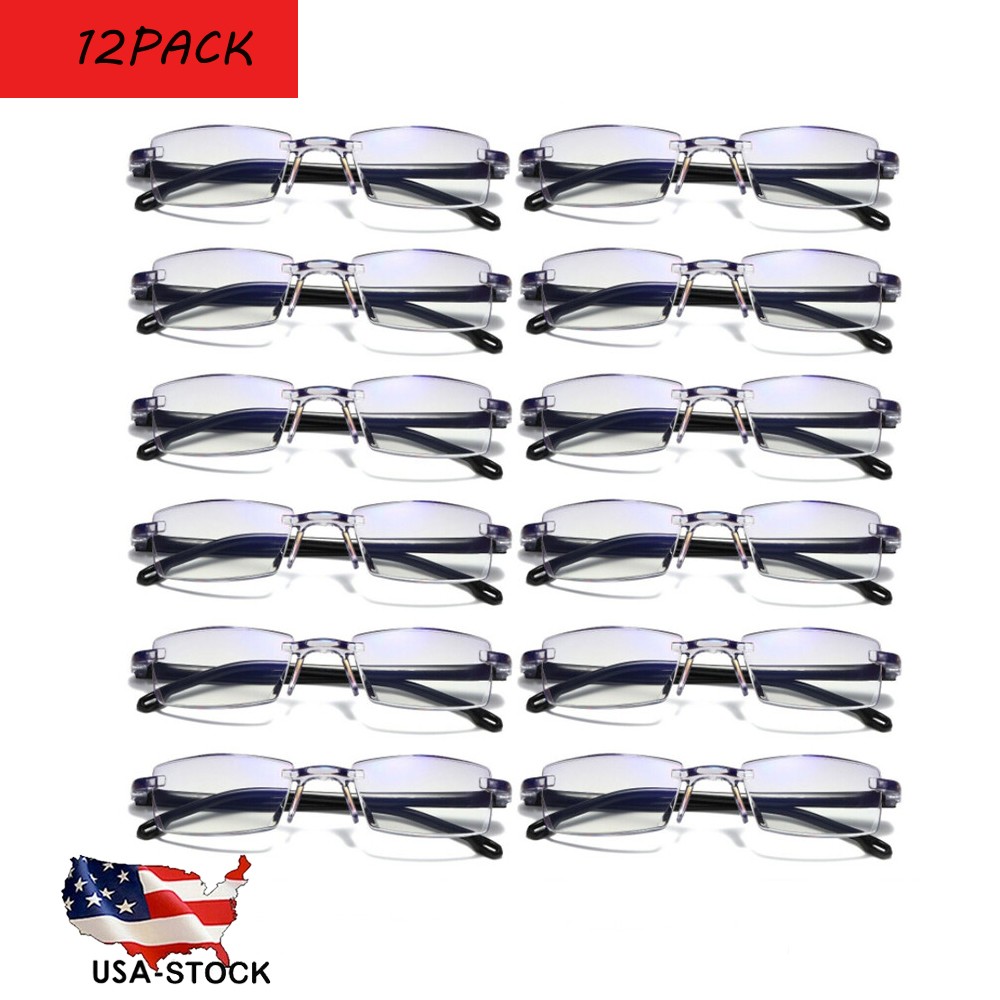12PK Mens Rectangular Rimless Blue Light Blocking Reading Glasses Unisex Readers