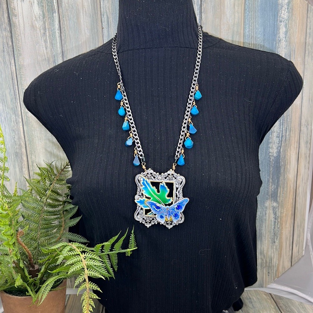 Adorned Crown Artisan Assemblage enamel blue framed butterfly leaf necklace