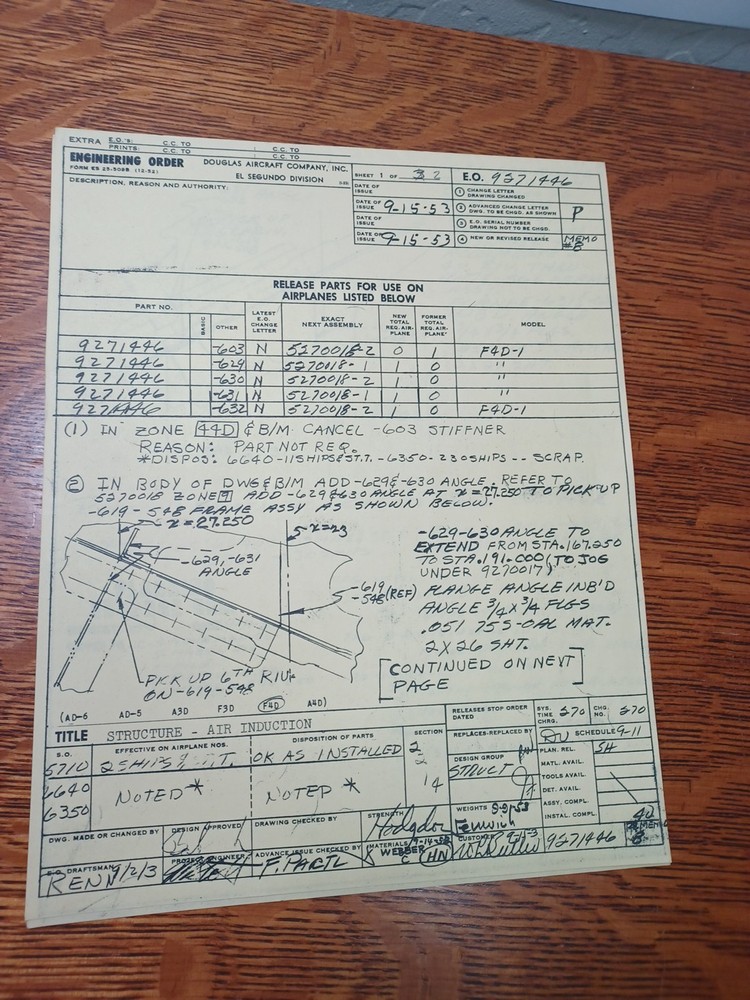 1953 Douglas F4D-1 2 Engineering Blueprint Tail Orders JRR37