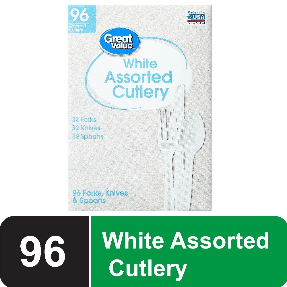 White Plastic Cutlery Set Disposable 96-Pack Includes 32 Forks 32 Spoons 32