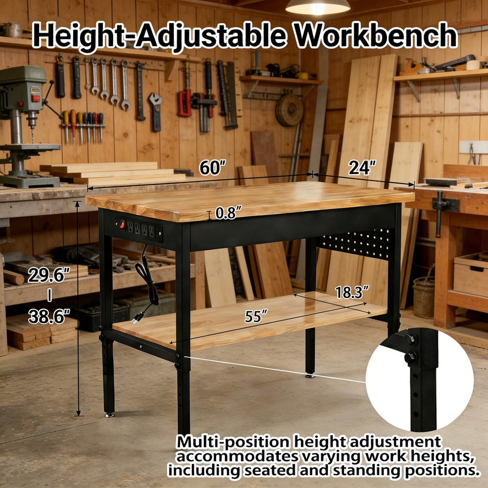 Heavy Duty Mobile Workbench w/Wheels, Outlets, 2500LBS Capacity