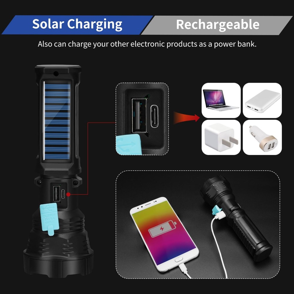 LED Solar Flashlight, 1500 Lumens Handheld Rechargeable Flashlights 2000mAh