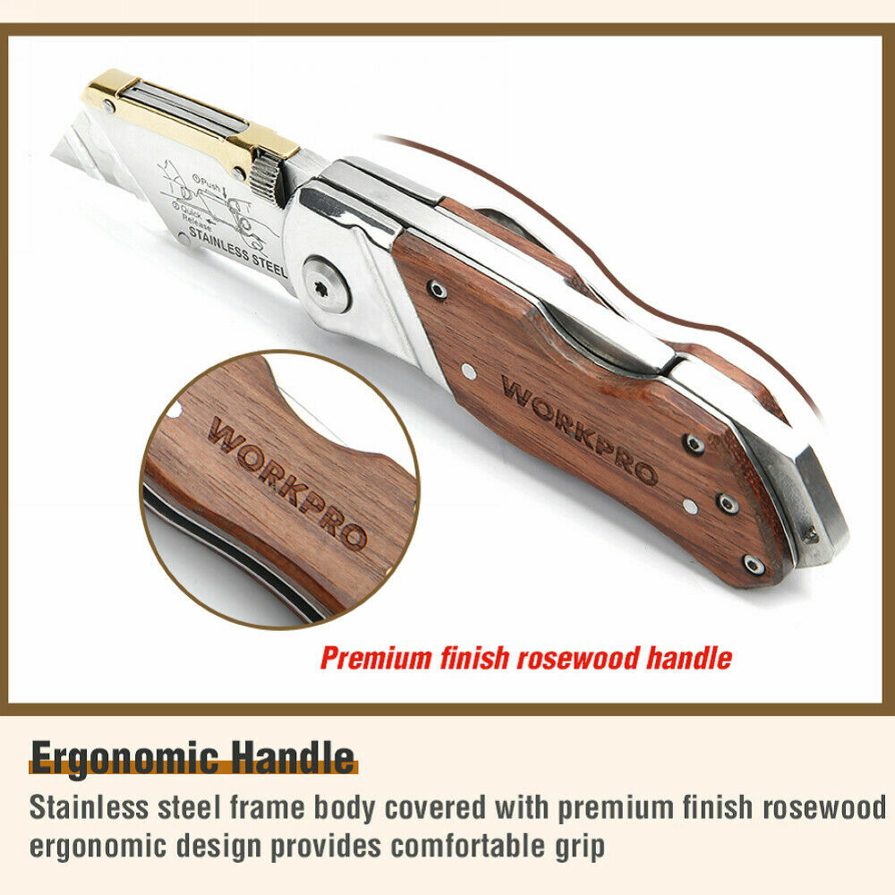 WORKPRO Folding Utility Knife Belt Clip&10Blades Wood Handle &Back Lock Plastic