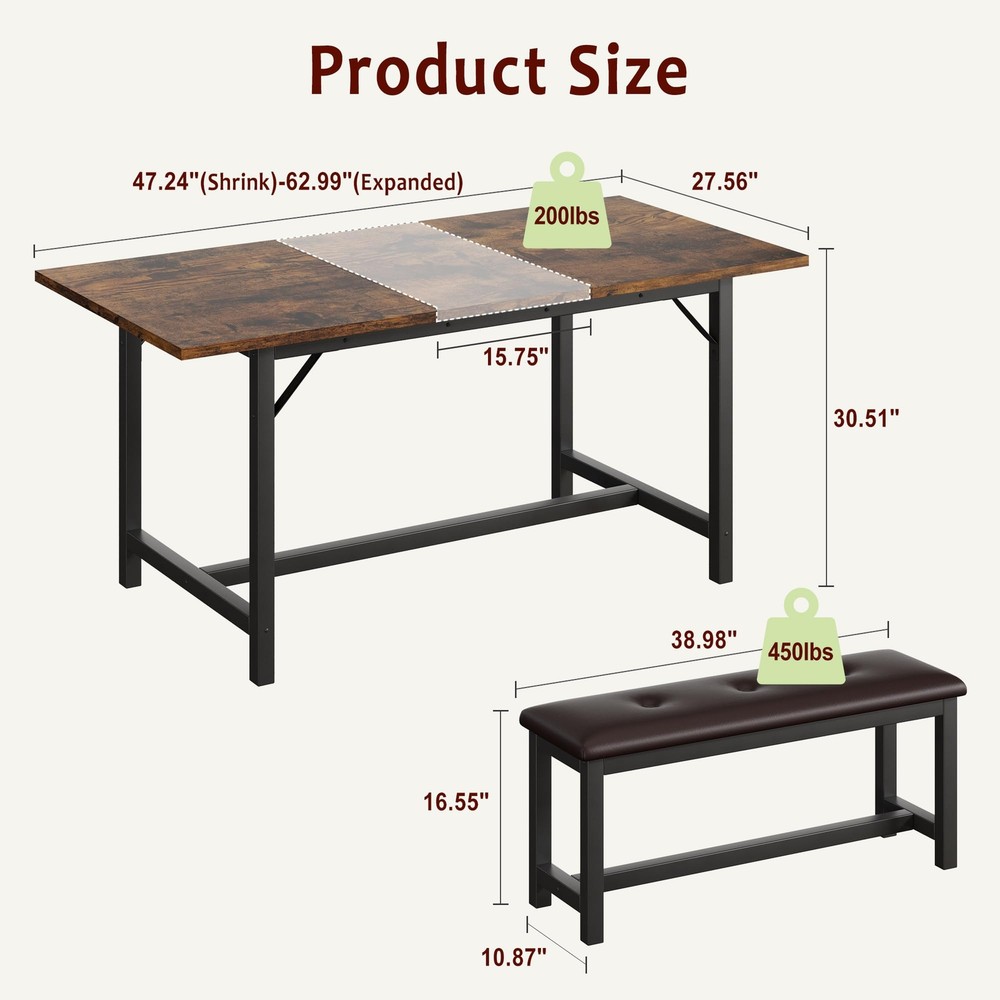 Large Dining Room Table Set ,63" Extendable Kitchen Table and 2 Benches Dinette
