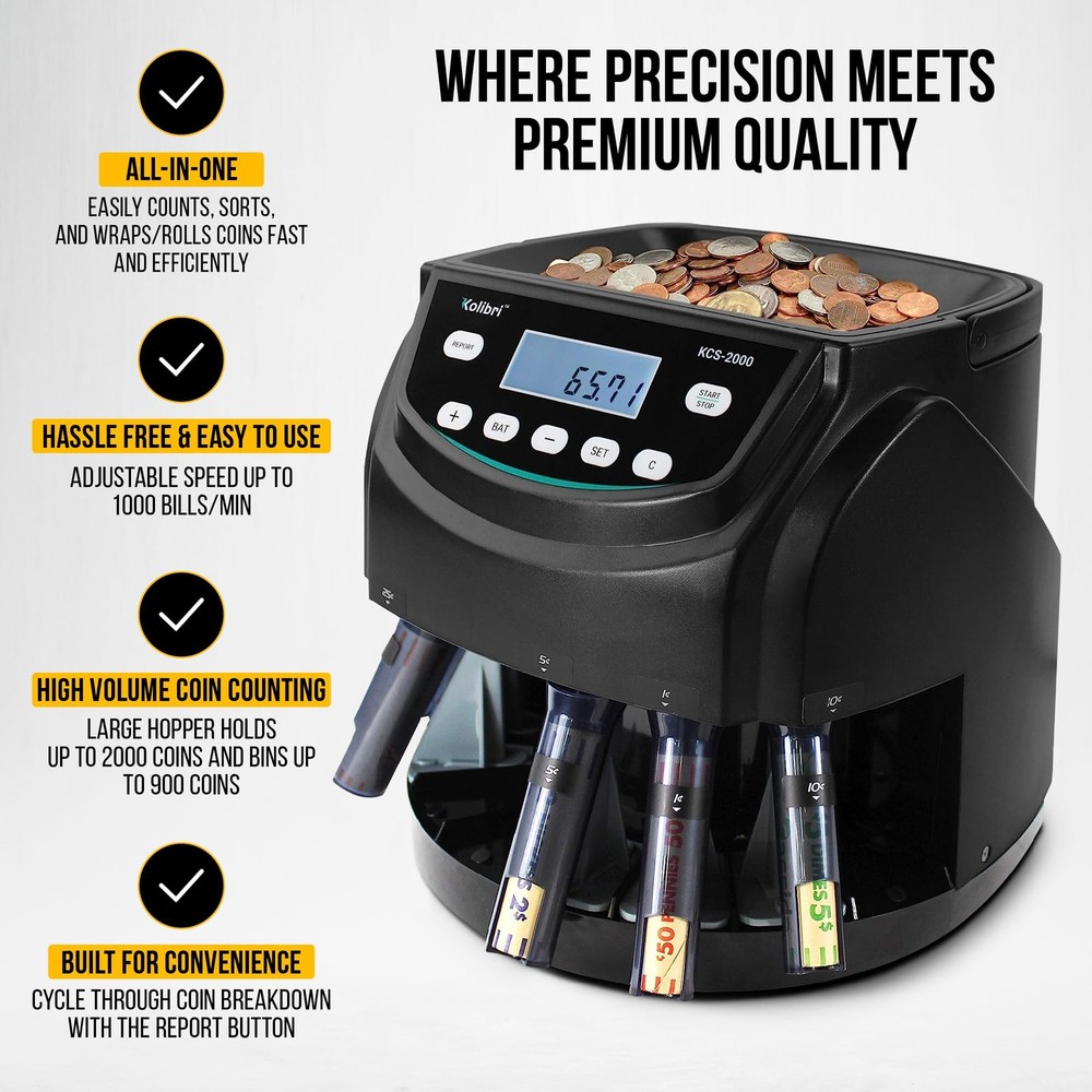 Kolibri KCS-2000 Professional USD Coin Counter Machine, Medium, Black