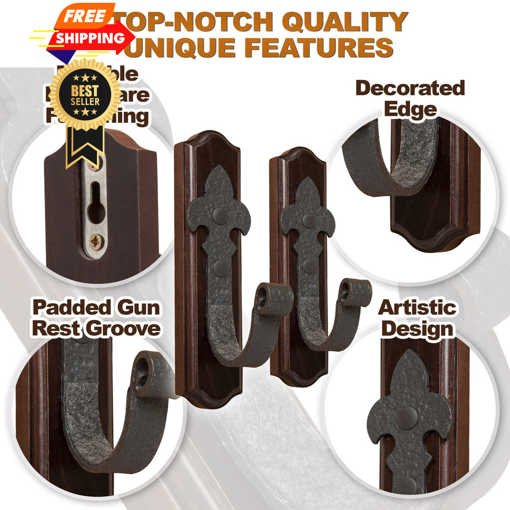 TESLYAR Gun Rack for Wall – Horizontal Mount with Metal Hooks Brown