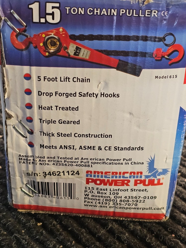 American Power Pull 1.5 Ton Chain Puller w/Thick Steel Construction. Model #615