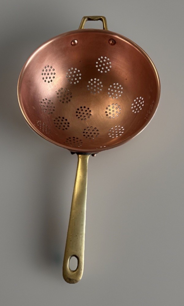 Large 9” Copper colander Cobre Chili solid Brass Accents Signed 6.5” Handle