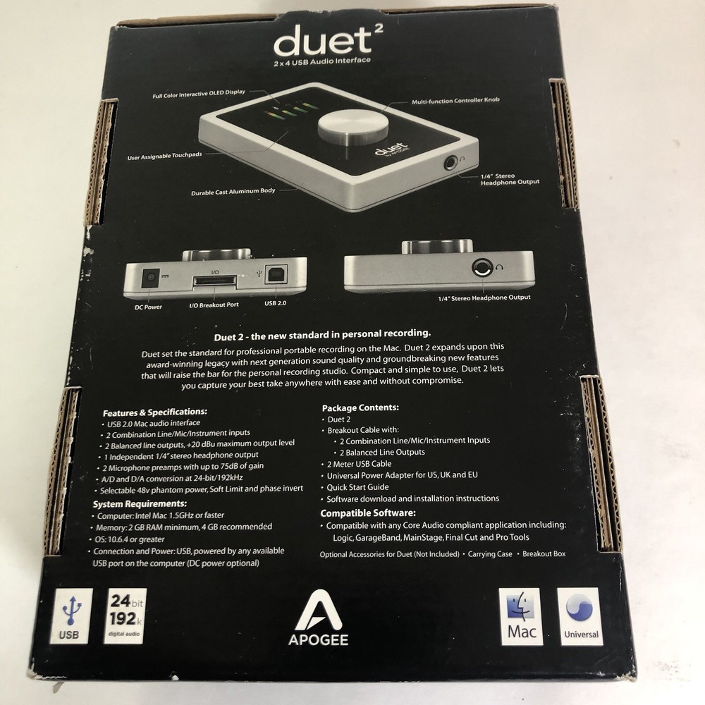 Apogee Duet 2 USB 2 x 4 Audio Interface Mac Remote Record Logic ProTools Studio