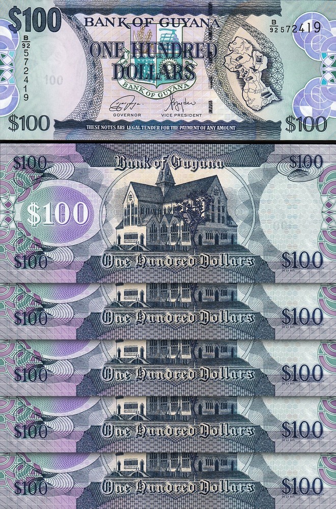 Guyana 100 Dollars 2022, UNC, 5 Pcs LOT,  P-36e