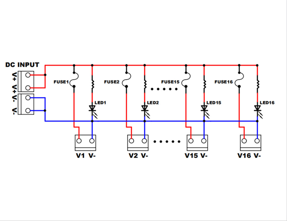 16 Position DIN Rail Mount DC Power Fuse Distribution Strip Module