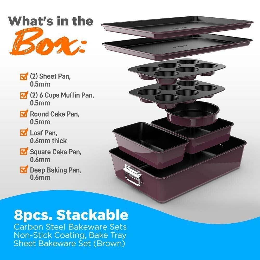 Nutrichef 8pcs. Stackable Carbon Steel Bakeware Sets- Non-Stick Coating (Purple)