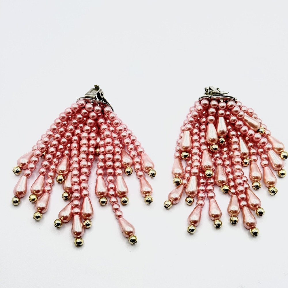 Pink Goldtone Beaded Silvertone Back Clipon Earrings