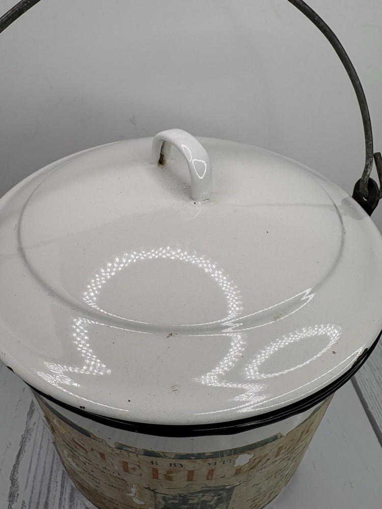 Flintstone Lisk White enameled ware Wood handle Sterilizer Pot Pasteurizer￼