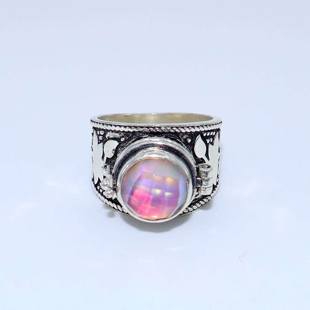 Aurora Opal Poison Ring, 925 Silver Platted Ring, Compartment Pill Box Ring