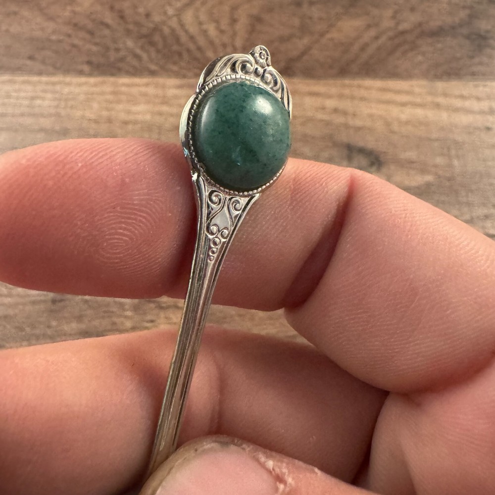 Silver Tone Collector Spoon with applied Green Stone