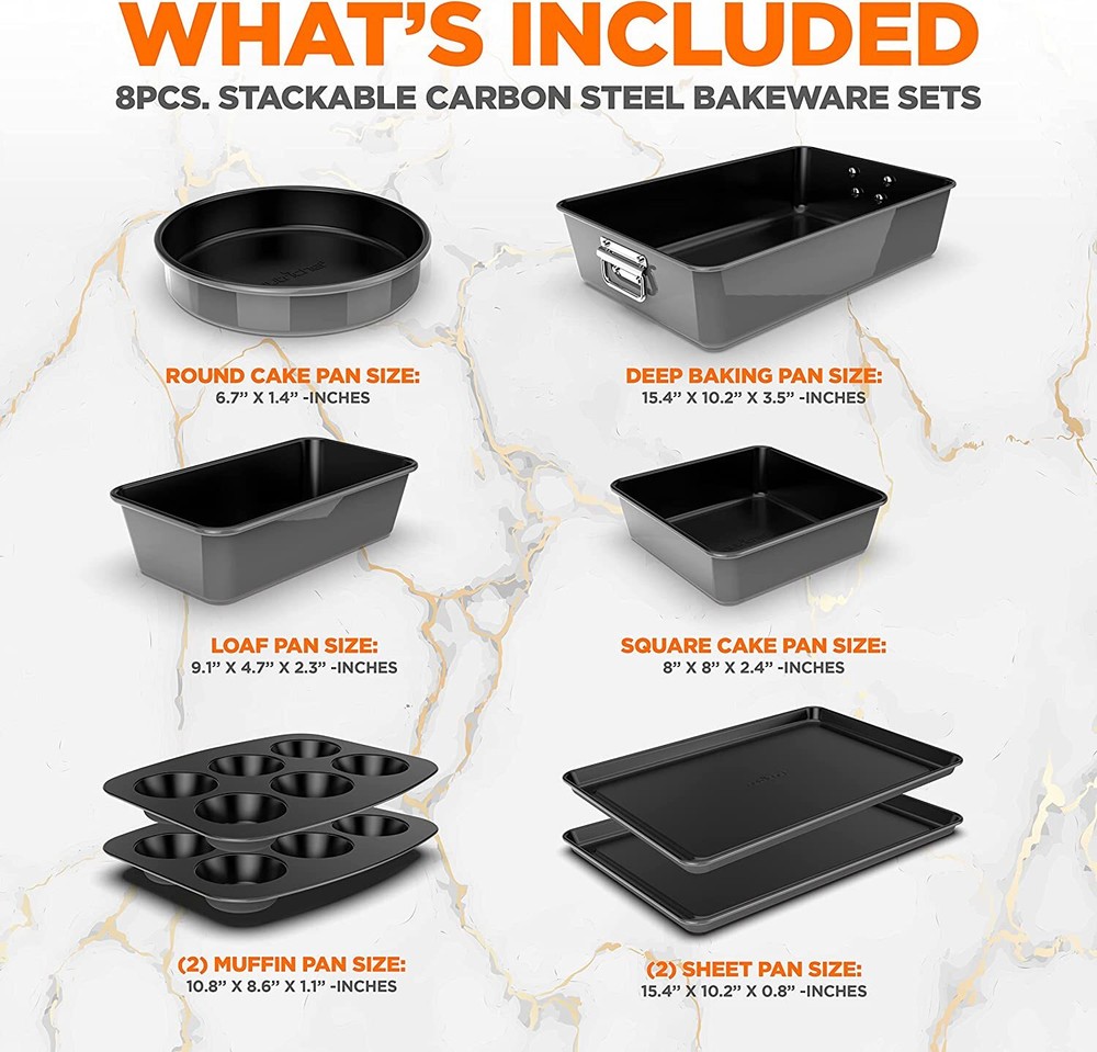 Nutrichef NCBKSTK7 8Pc Stackable Carbon Steel Bakeware-Gray
