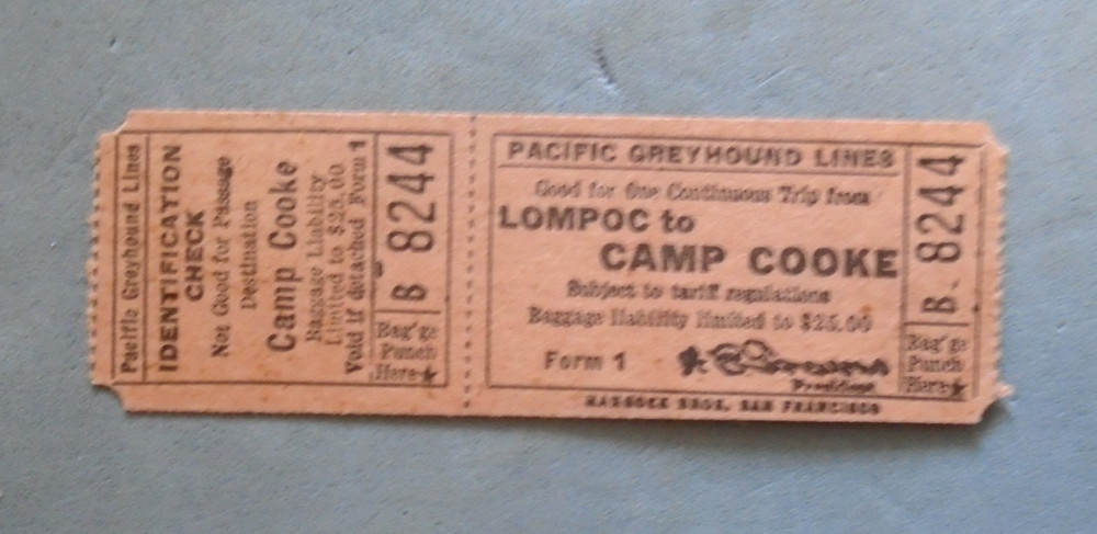 Pacific Greyhound Lines, 1944 ticket, Lompac CA., Camp Cooke