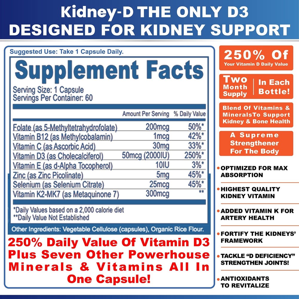 Kidney-D Kidney Supplement, Vitamin D Optimized For 60 Count, Red