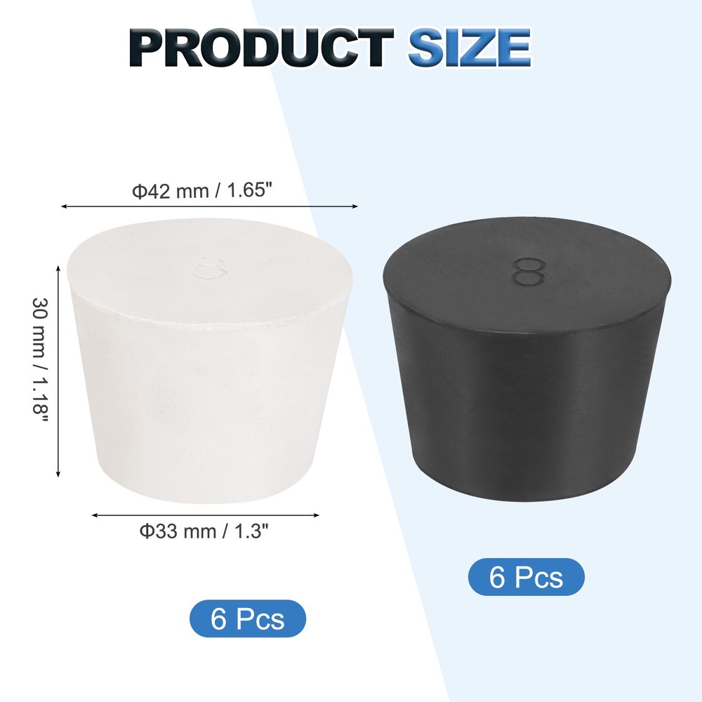 12 Pcs Solid Rubber Stopper Size 8#-42mm x 33mm - 30mm Long, Black/White