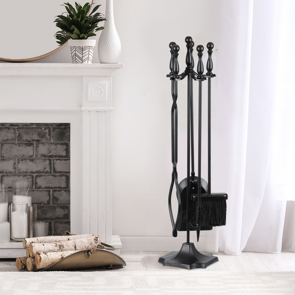 5PCS Fireplace Tools Wrought Iron Large Fire Tool Set and Holder w/Black Handles