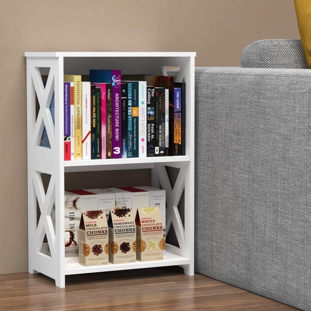 End Table 3 Tier 2 Shelf Small Bookshelf Bookcase Display Rack for Home White
