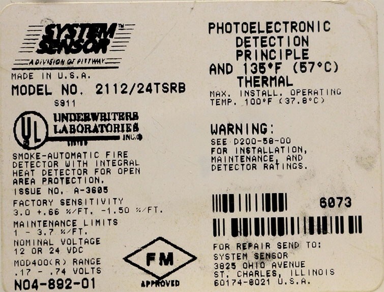System Sensor 2112/24TSRB Photoelectronic Smoke-Automatic Fire Detector