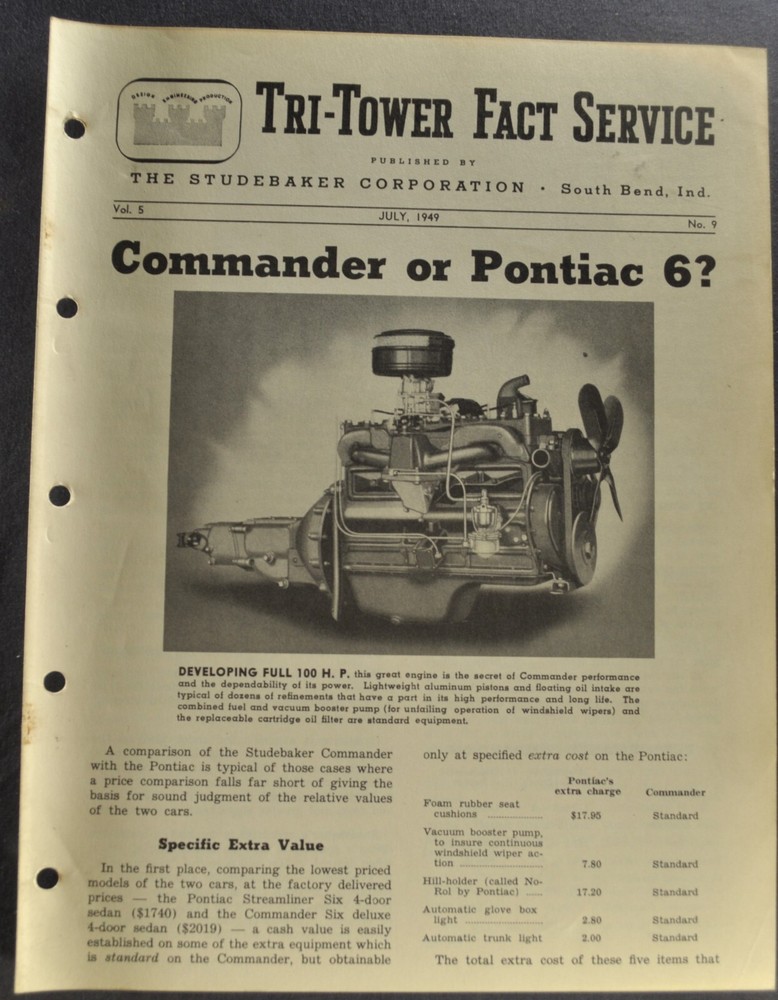 1949 Studebaker Sales Training Bulletin Commander vs Pontiac Nice Original 49