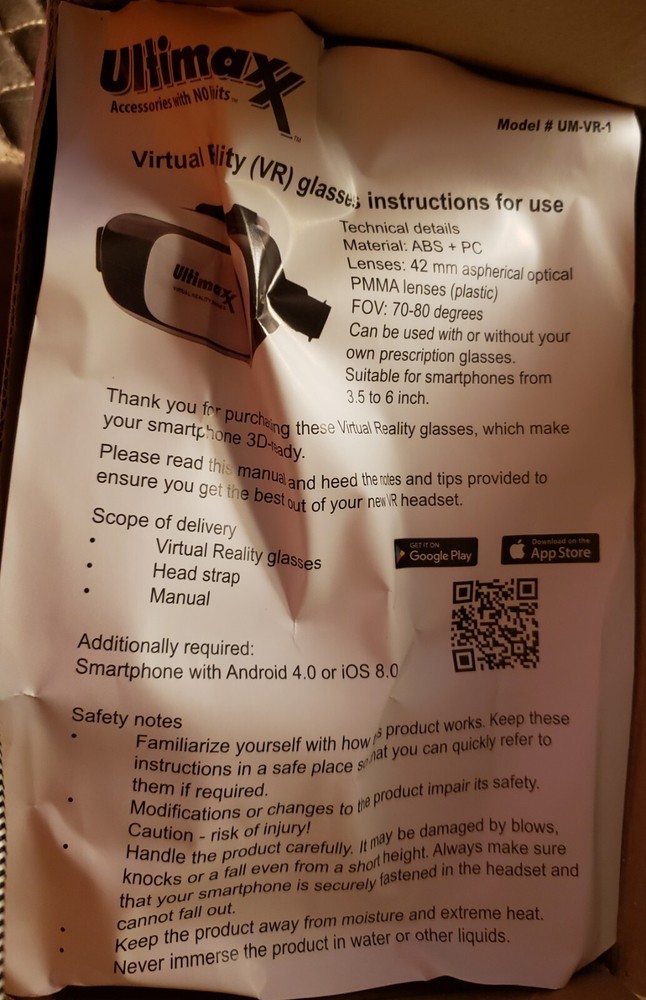 Ultimaxx VIRTUAL REALITY GLASSES UM-VR-1