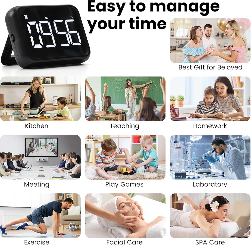 USB Rechargeable Loud Digital Kitchen Timer with Large LCD Display & Black