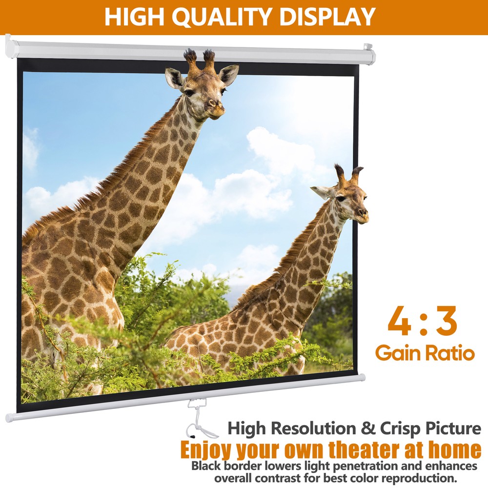 Projector Screen Pull Down 72" 4:3 HD Anti-Crease In/Outdoor Foldable Projection