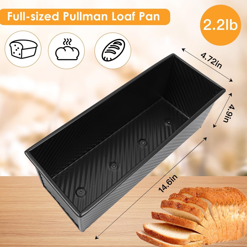 2-Pack Black 13inch Pullman Loaf Pan with Lid Premium Non-Stick Coating Bread...