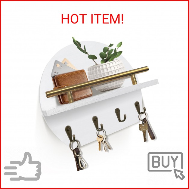 KISENG Key Holder Wall Mount Mail Organizer with Shelf & 4 Hooks, Semicircle Dec