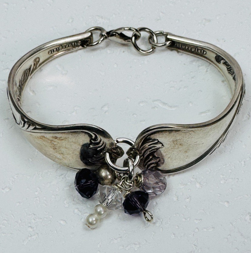 Vtg Silverware Double Handle Bangle Bracelet Silverplate Purple Clear & Pearls