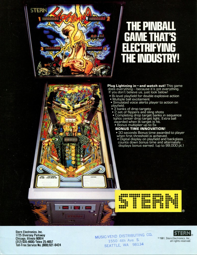 Lightning Stern Pinball - Flyer/ Brochure / Ad Mint