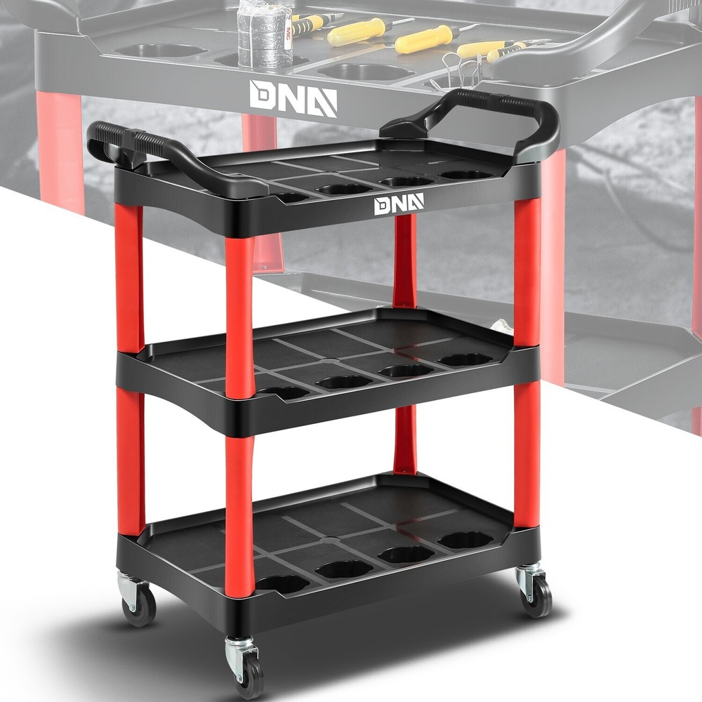 Red 3 Level Composite Workshop Tools Trolley+Casters for Warehouse Garage Office