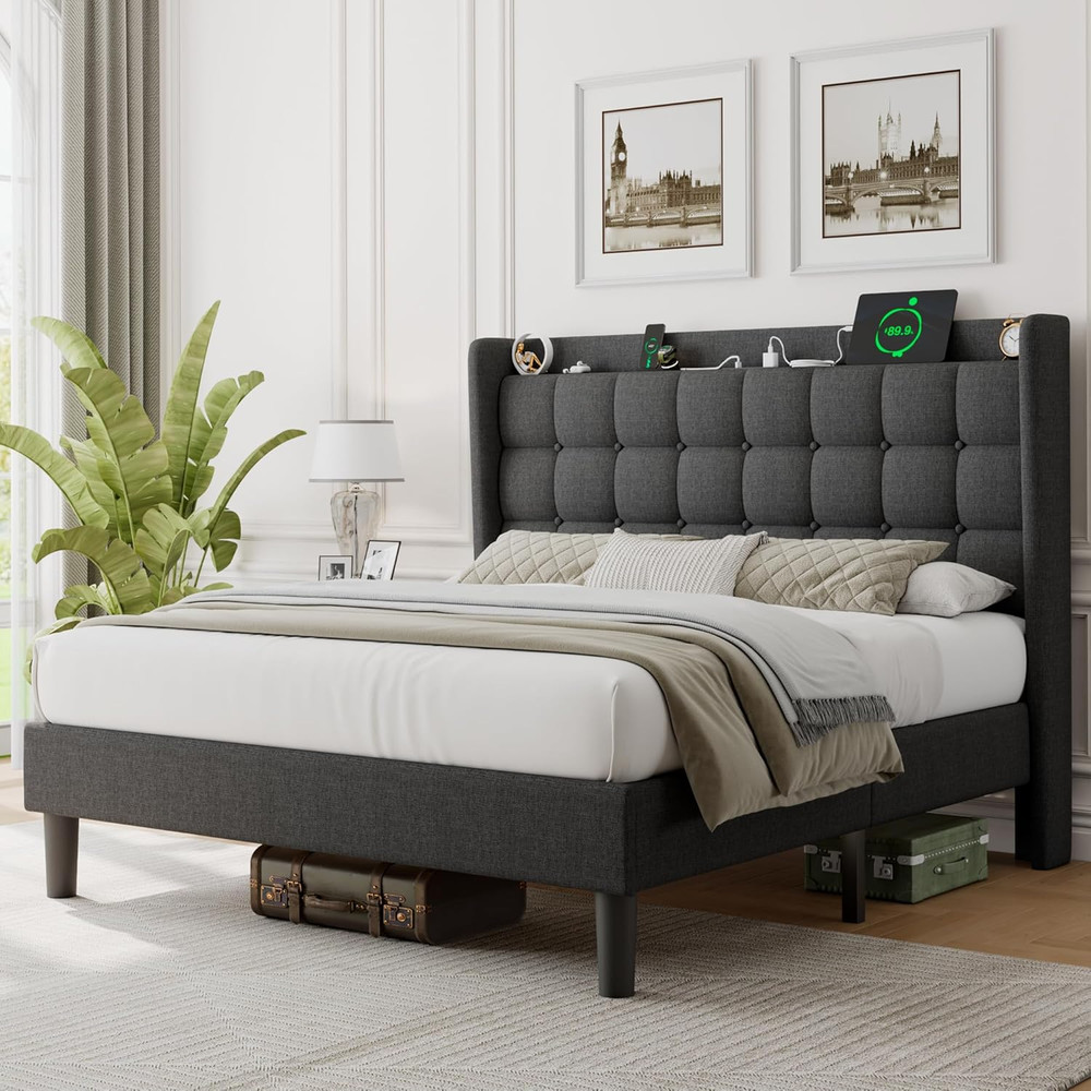 Ipormis Full Size Upholstered Platform Bed, Button Tufted Wingback Bed Frame wit
