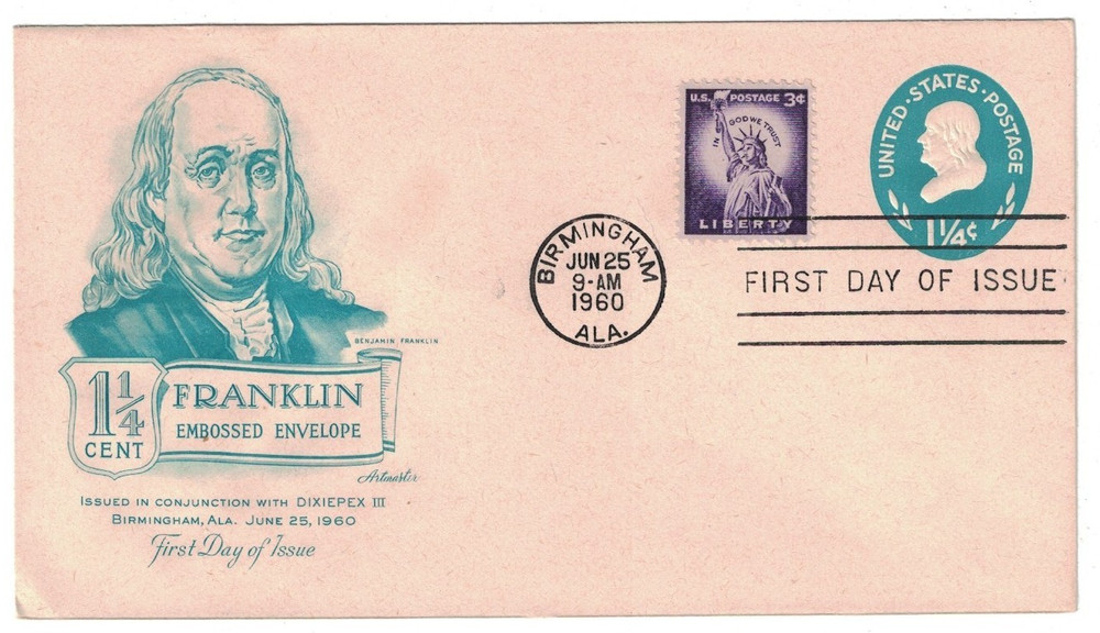 1960 FDC 1 1/4 CENT FRANKKLIN EMBOSSED ENVELOPE ARTMASTER CACHET UNADDRESSED