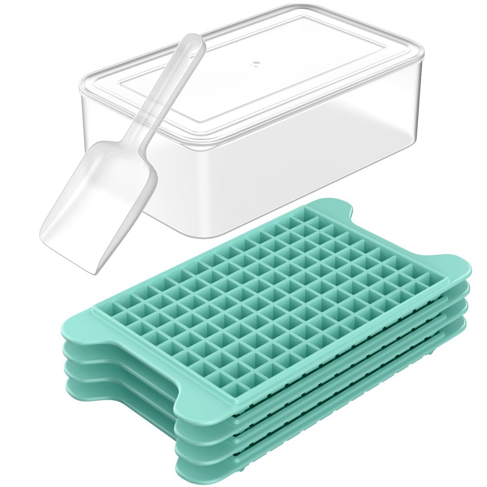 4 Pack Mini Ice Cube Tray with Bin Ice Container and Scoop for Freezer
