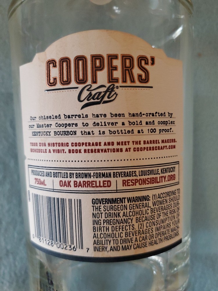 "COOPERS' CRAFT" BOURBON WHISKEY EMPTY BOTTLE 750ML