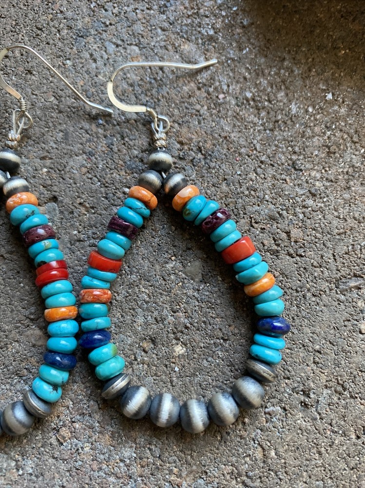 Sterling Silver Multi Stone W Pearls Bead Loop Earrings.