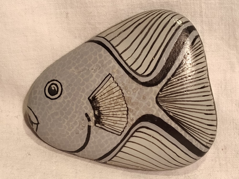 Hand Painted Stone Rock Gray Fish Signed