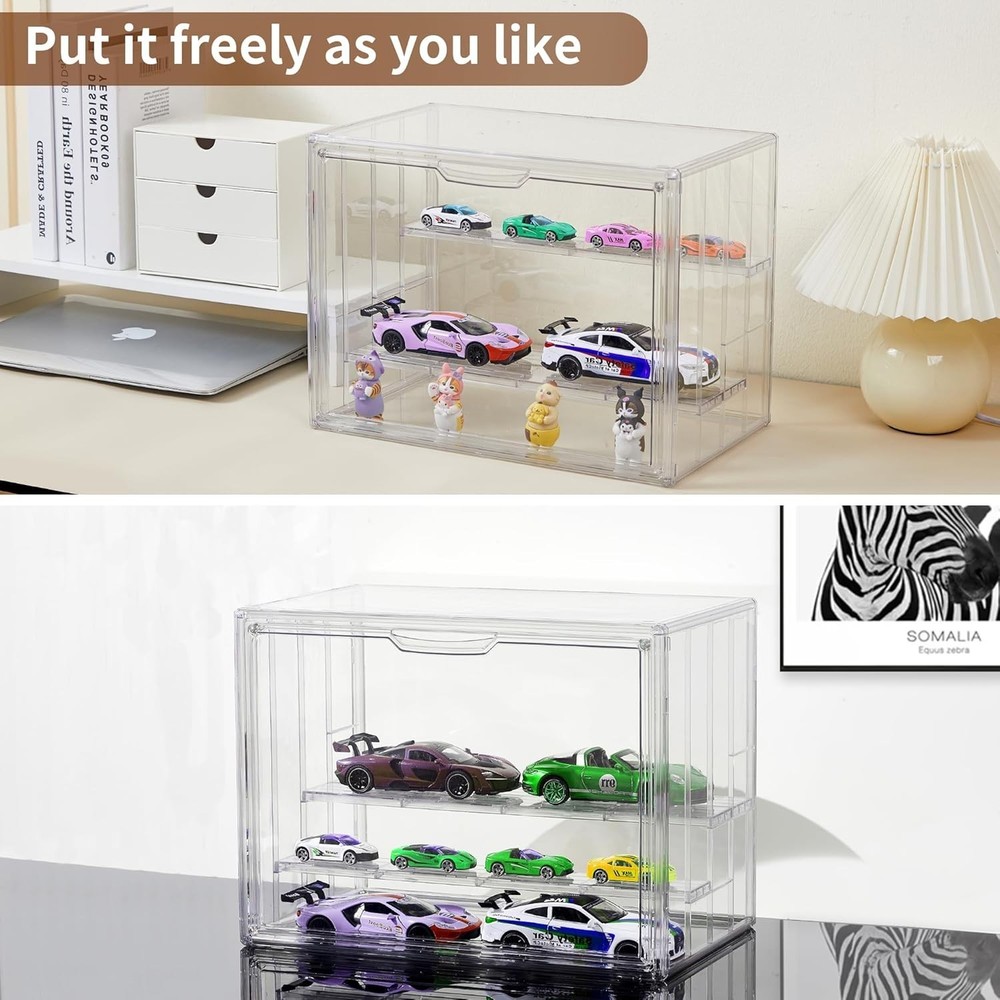 Adjustable Acrylic Display Case 3 Pack, 4-Layer, Magnetic Door, Stackable, Hobby
