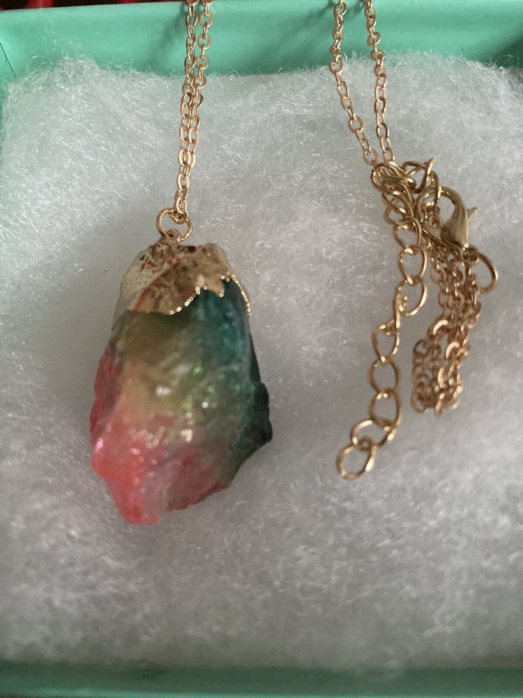 Natural Rainbow Agate drop with gold tone necklace