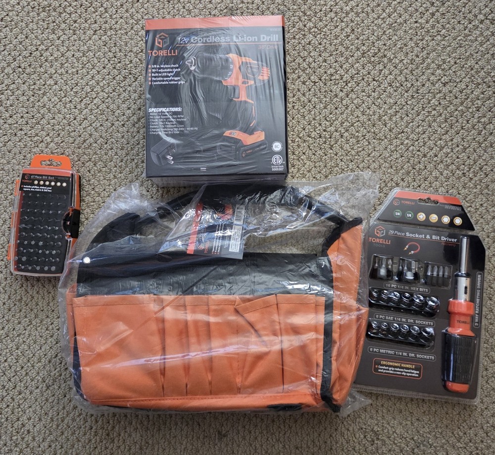 Torelli Tools Lot Sealed - Cordless Drill, Tool Bag, 67 Bit Set, & Socket Set