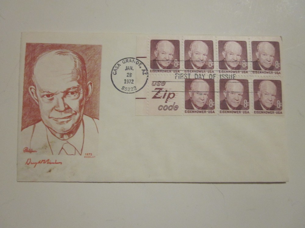 U.S. FIRST DAY COVERS #1395D EISENHOWER PANE OF 7+ ZIP CODE LABEL BAZAAR CACHET